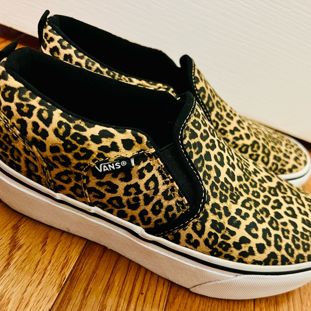 Vans Tan and Black Leopard Print Slip-On Sneakers